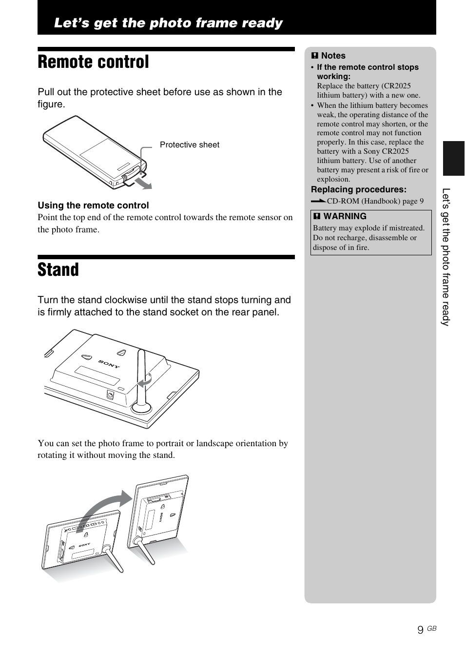 Let’s get the photo frame ready, Remote control, Stand | Let’s get the photo, Frame ready, Remote control stand | Sony DPF-E710 User Manual | Page 9 / 28