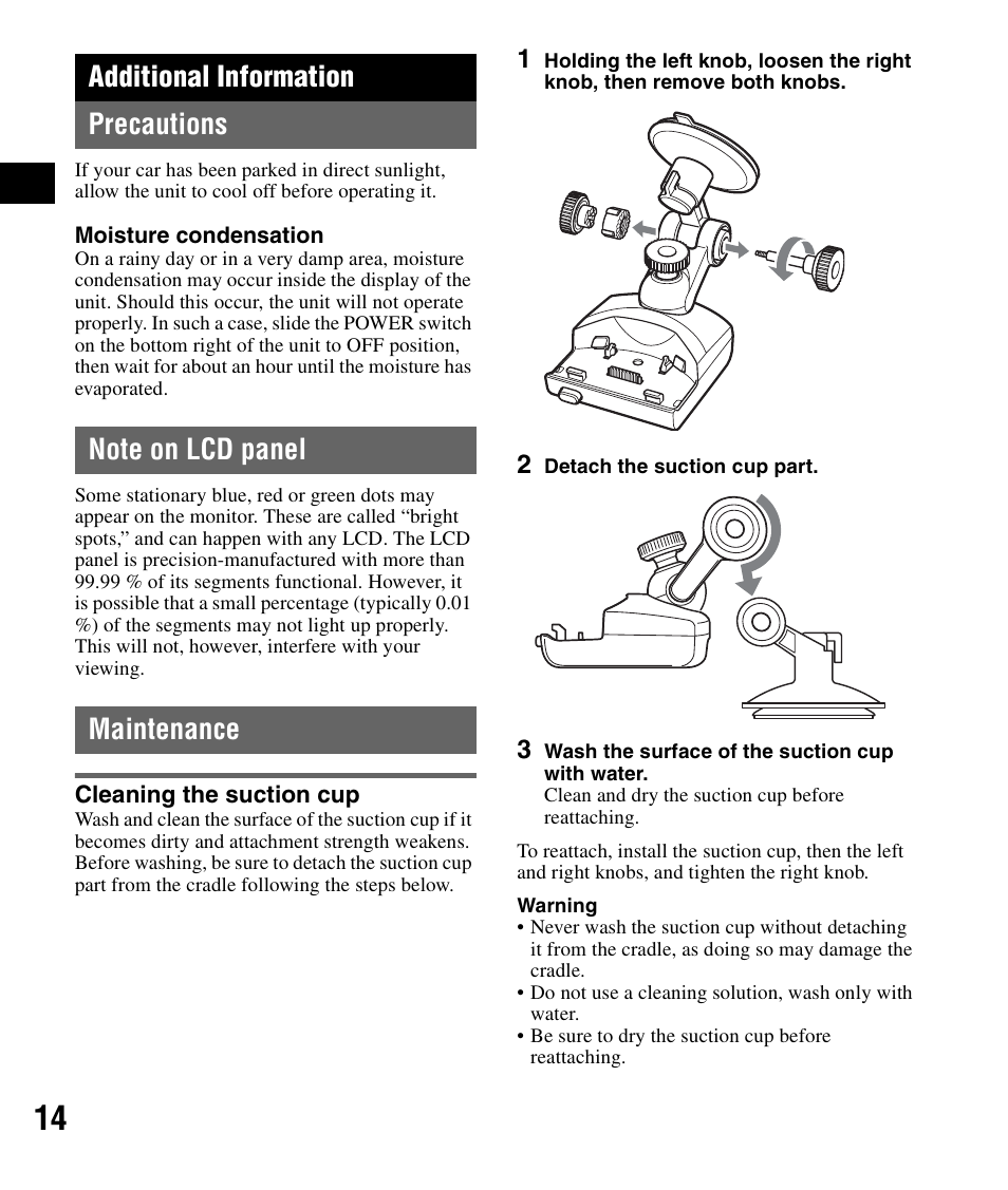 Additional information, Precautions, Note on lcd panel | Maintenance, Cleaning the suction cup, Precautions note on lcd panel maintenance, Additional information precautions | Sony NV-U71T User Manual | Page 14 / 56