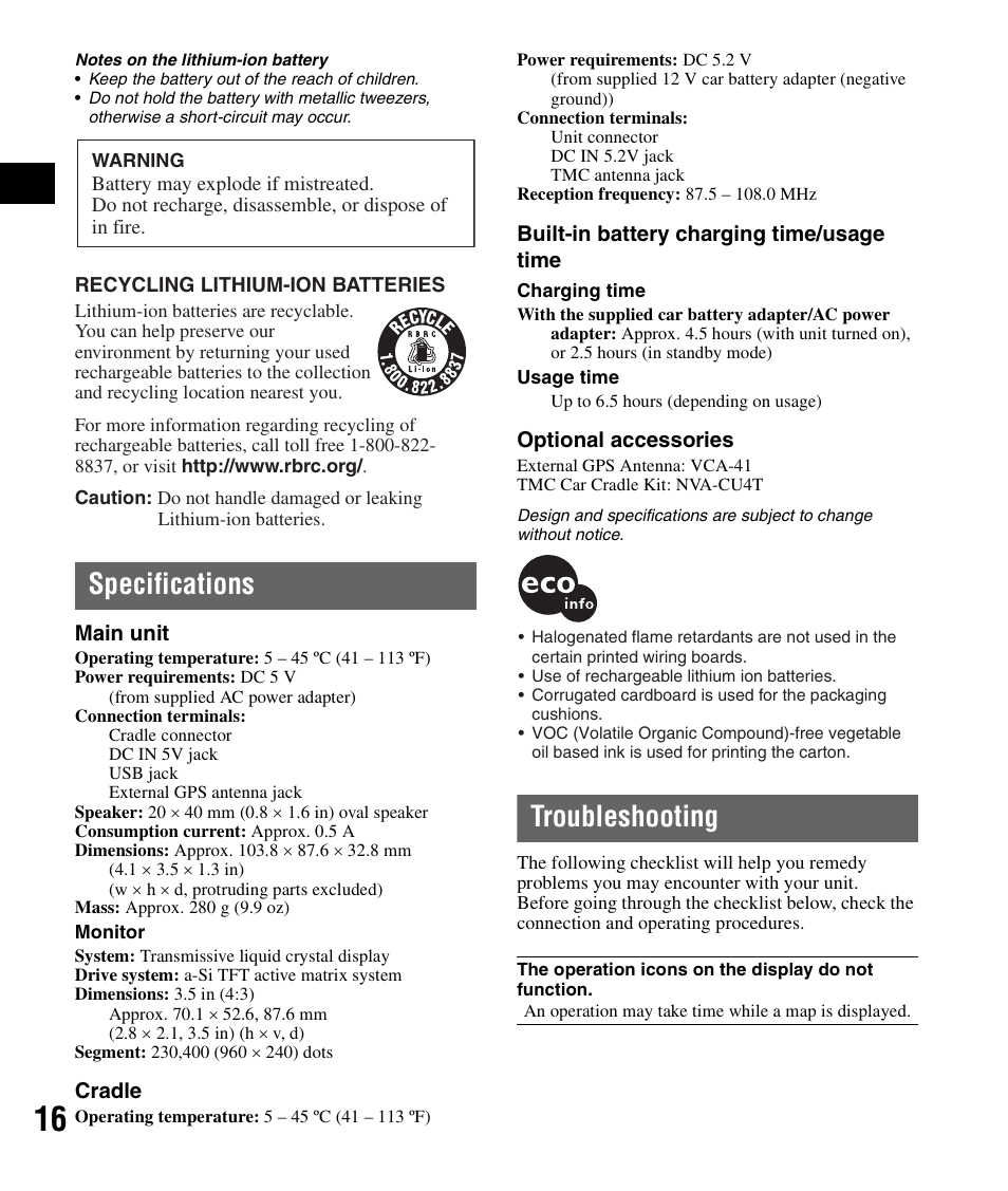 Specifications, Troubleshooting, Specifications troubleshooting | Sony NV-U71T User Manual | Page 16 / 56
