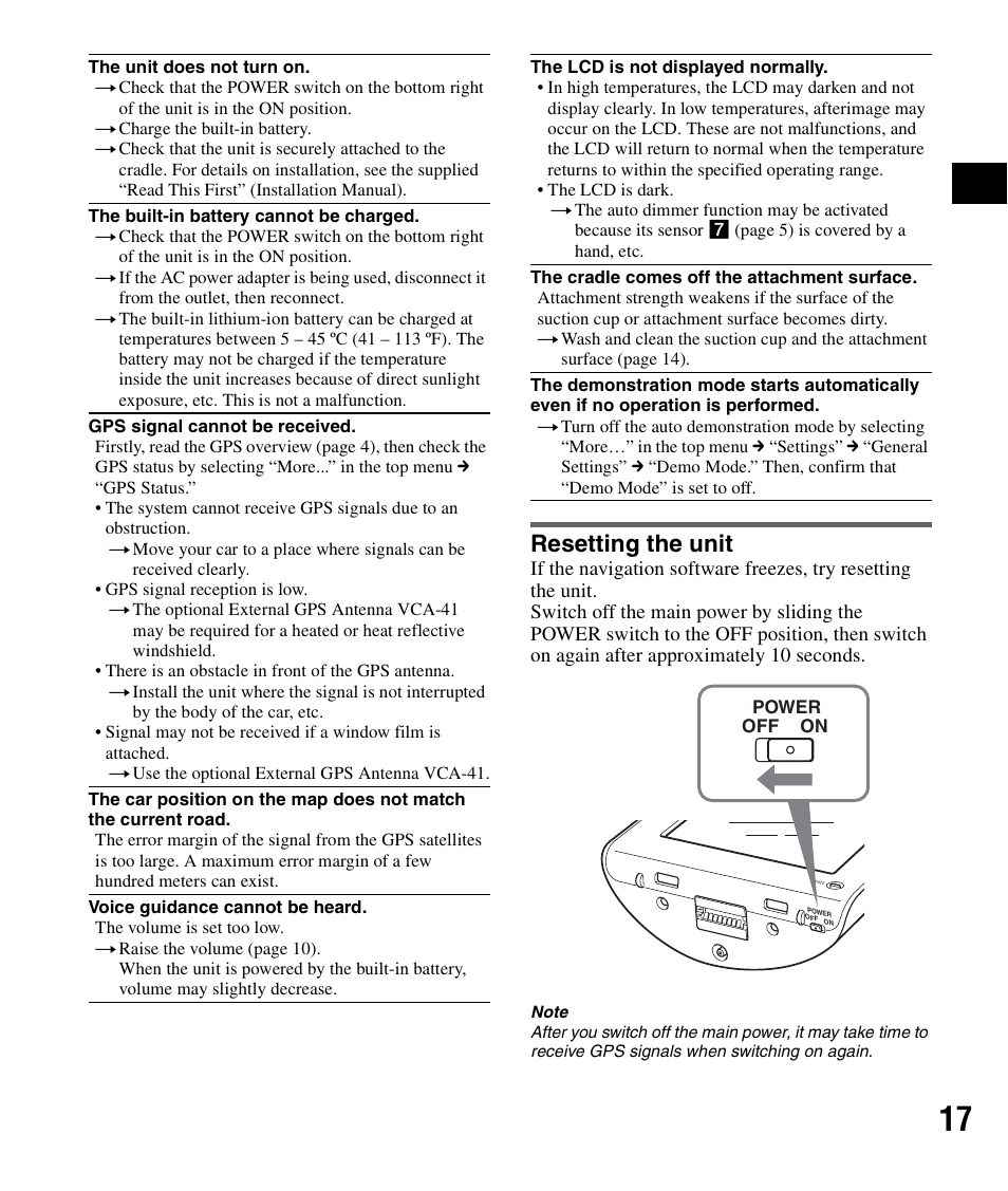Resetting the unit | Sony NV-U71T User Manual | Page 17 / 56