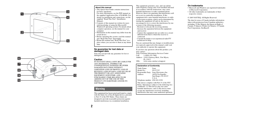 Warning, On trademarks, No guarantee for lost data or damaged data | Caution | Sony NV-U71T User Manual | Page 2 / 56