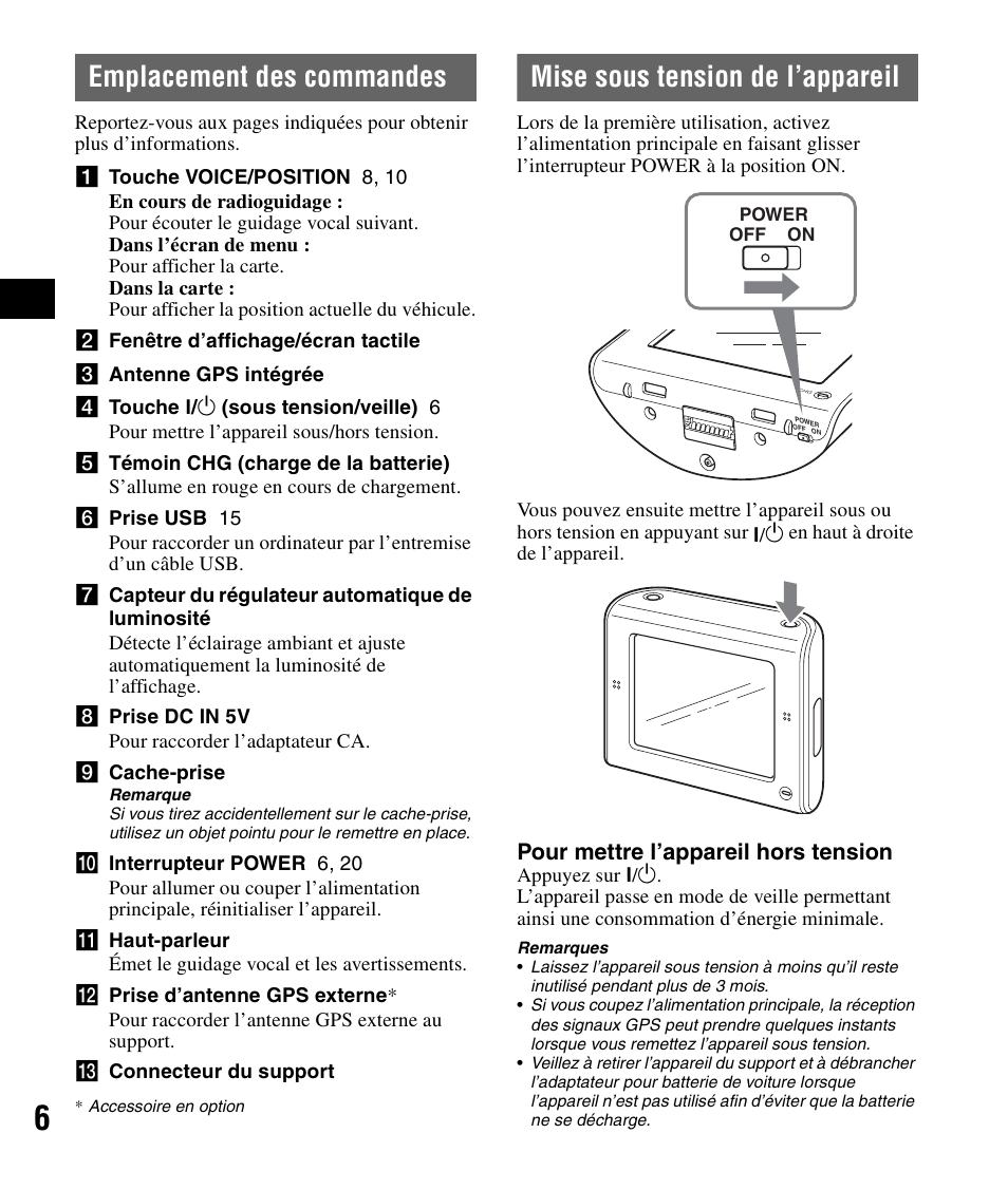 Emplacement des commandes, Mise sous tension de l’appareil | Sony NV-U71T User Manual | Page 22 / 56