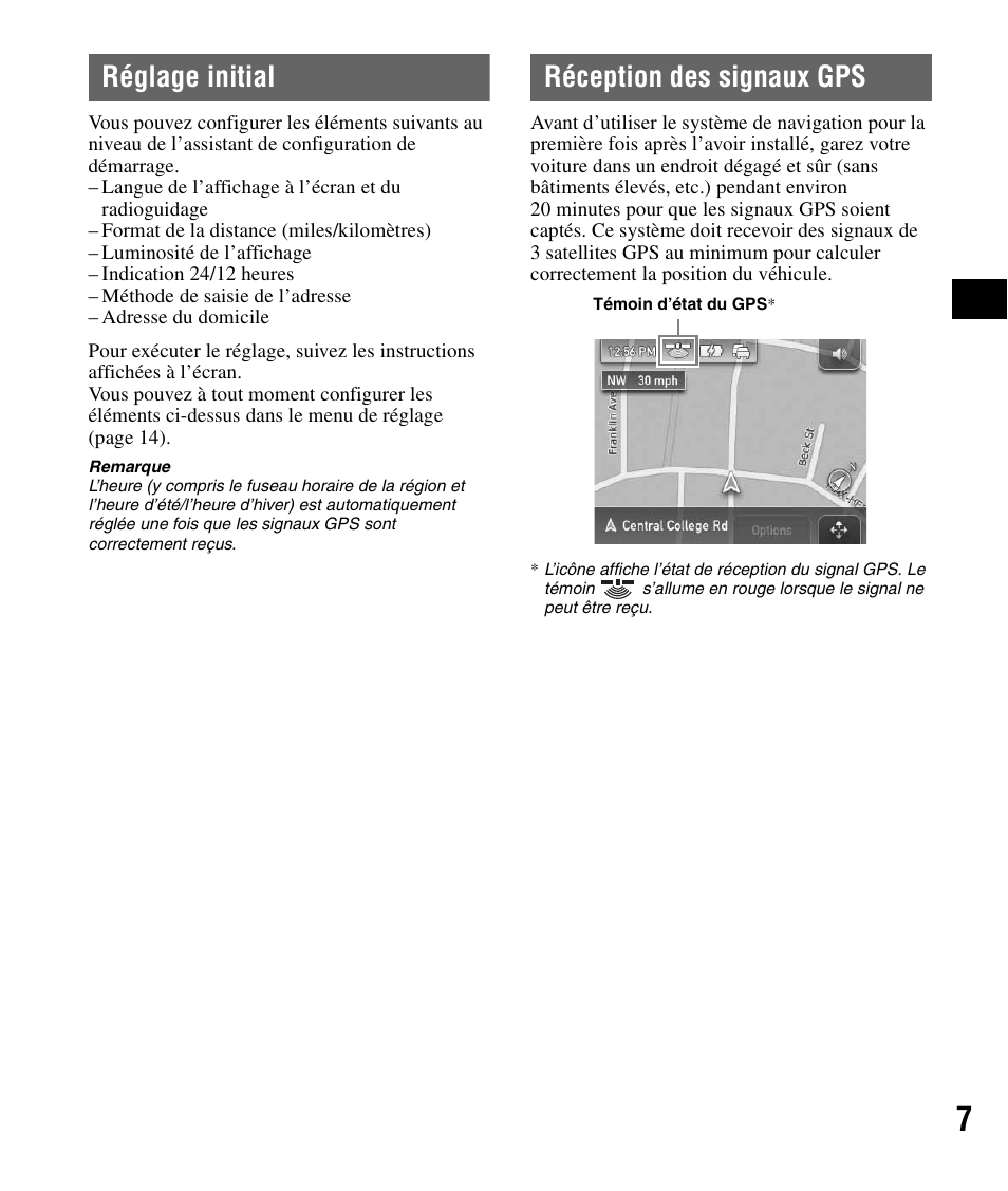 Réglage initial, Réception des signaux gps, Réglage initial réception des signaux gps | Sony NV-U71T User Manual | Page 23 / 56