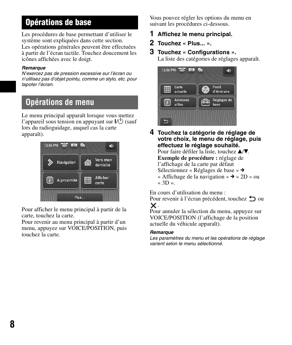 Opérations de base, Opérations de menu | Sony NV-U71T User Manual | Page 24 / 56