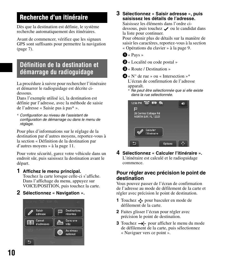 Recherche d’un itinéraire, Définition de la destination et démarrage du, Radioguidage | Sony NV-U71T User Manual | Page 26 / 56