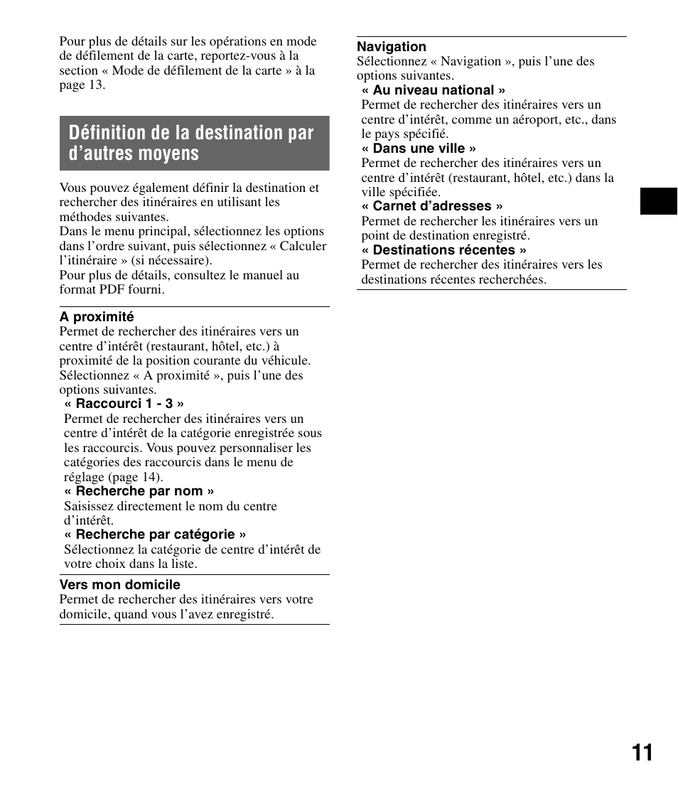 Définition de la destination par d’autres moyens, Définition de la destination par d’autres, Moyens | Sony NV-U71T User Manual | Page 27 / 56