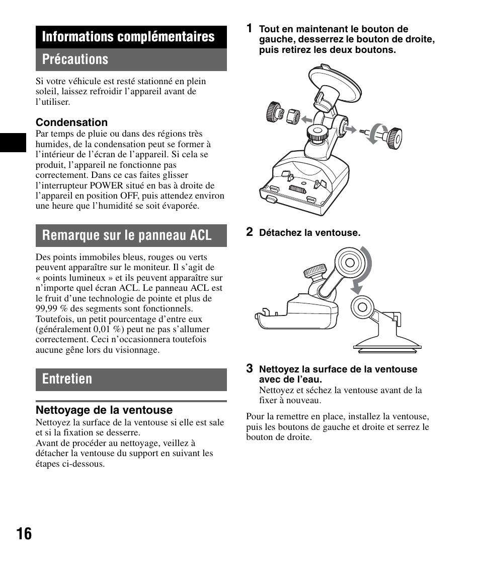 Informations complémentaires, Précautions, Remarque sur le panneau acl | Entretien, Nettoyage de la ventouse, Précautions remarque sur le panneau acl entretien, Informations complémentaires précautions | Sony NV-U71T User Manual | Page 32 / 56