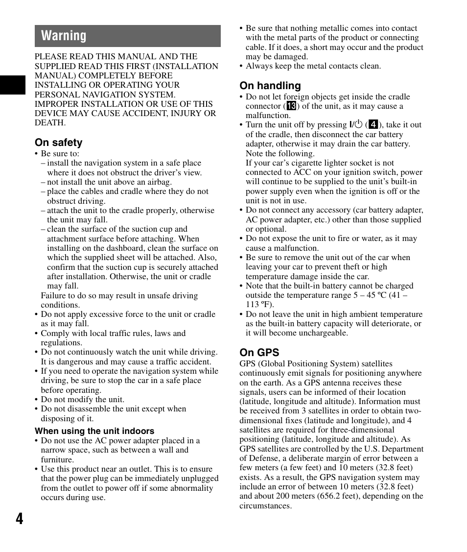 Warning | Sony NV-U71T User Manual | Page 4 / 56