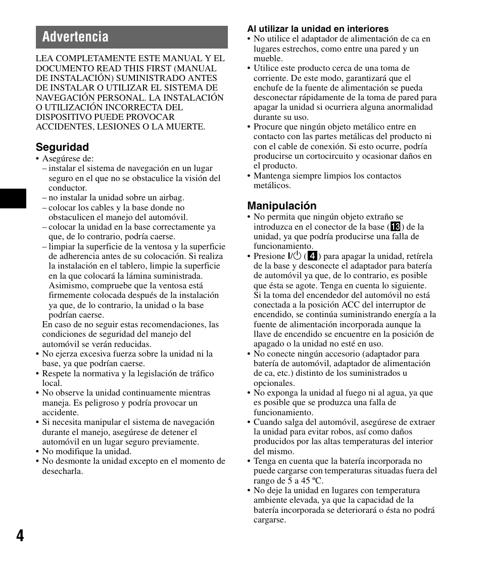 Advertencia | Sony NV-U71T User Manual | Page 40 / 56