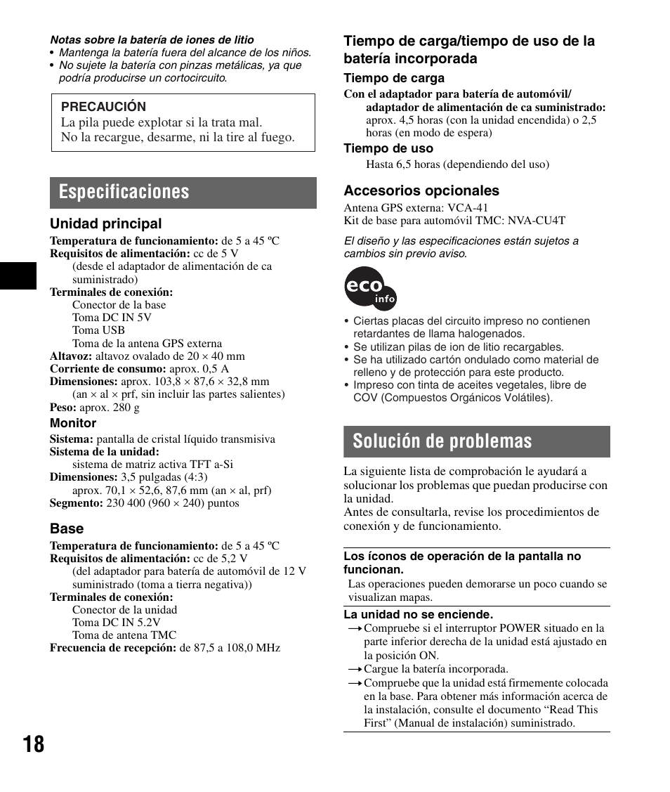 Especificaciones, Solución de problemas, Especificaciones solución de problemas | Sony NV-U71T User Manual | Page 54 / 56