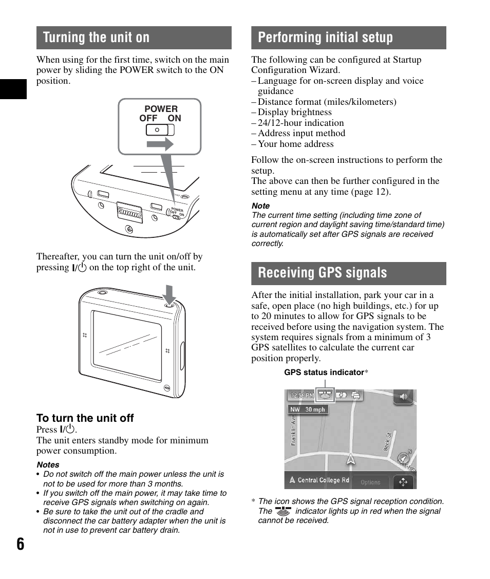 Turning the unit on, Performing initial setup, Receiving gps signals | Sony NV-U71T User Manual | Page 6 / 56