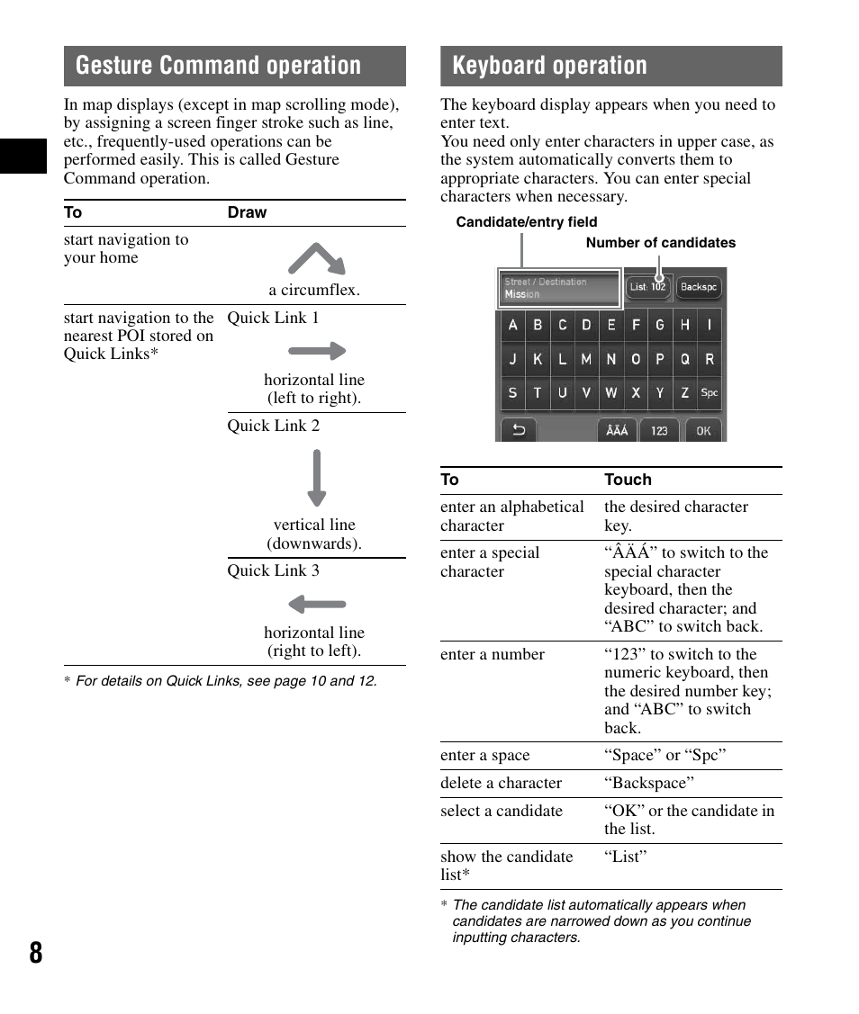 Gesture command operation, Keyboard operation, Gesture command operation keyboard operation | Sony NV-U71T User Manual | Page 8 / 56