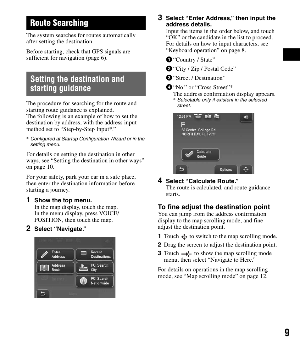 Route searching, Setting the destination and starting guidance, Setting the destination and | Starting guidance | Sony NV-U71T User Manual | Page 9 / 56