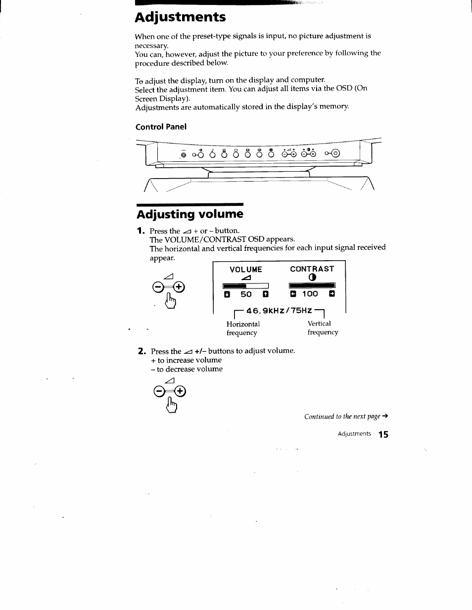 Adjustments, Control panel, Adjusting volume | Volume, Contrast, 50 □ q 100, 9khz/75hz | Sony CPD-220VS User Manual | Page 15 / 30