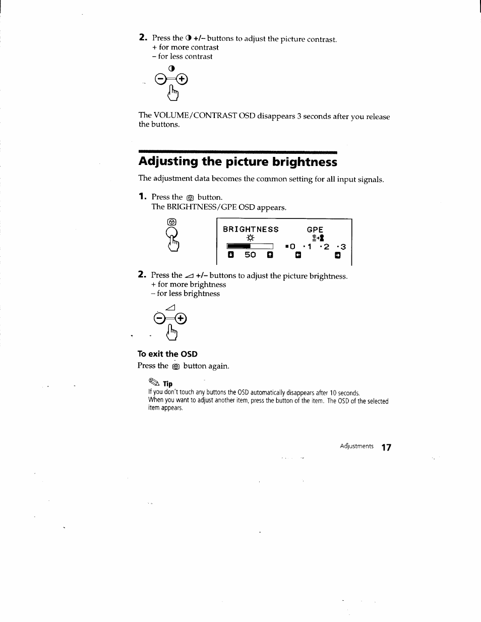 Adjusting the picture brightness, Brightness gpe, I m 1 .0 -1 -2 -3 | Sony CPD-220VS User Manual | Page 17 / 30