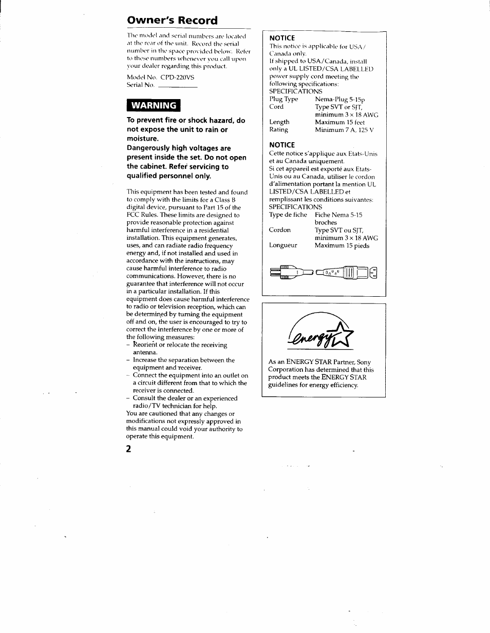 Owner's record, Warning | Sony CPD-220VS User Manual | Page 2 / 30