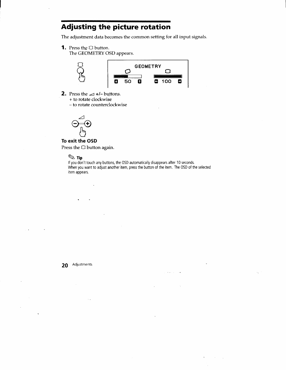 Adjusting the picture rotation, Geometry, O 100 d | Sony CPD-220VS User Manual | Page 20 / 30