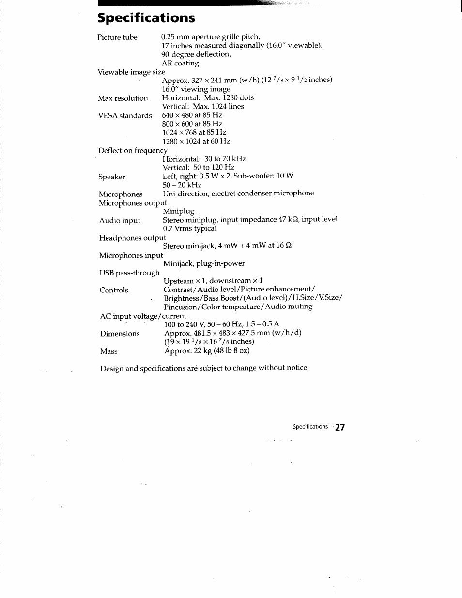 Specifications | Sony CPD-220VS User Manual | Page 27 / 30