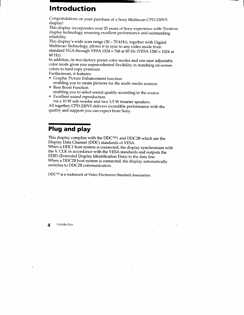 Introduction, Plug and play | Sony CPD-220VS User Manual | Page 4 / 30