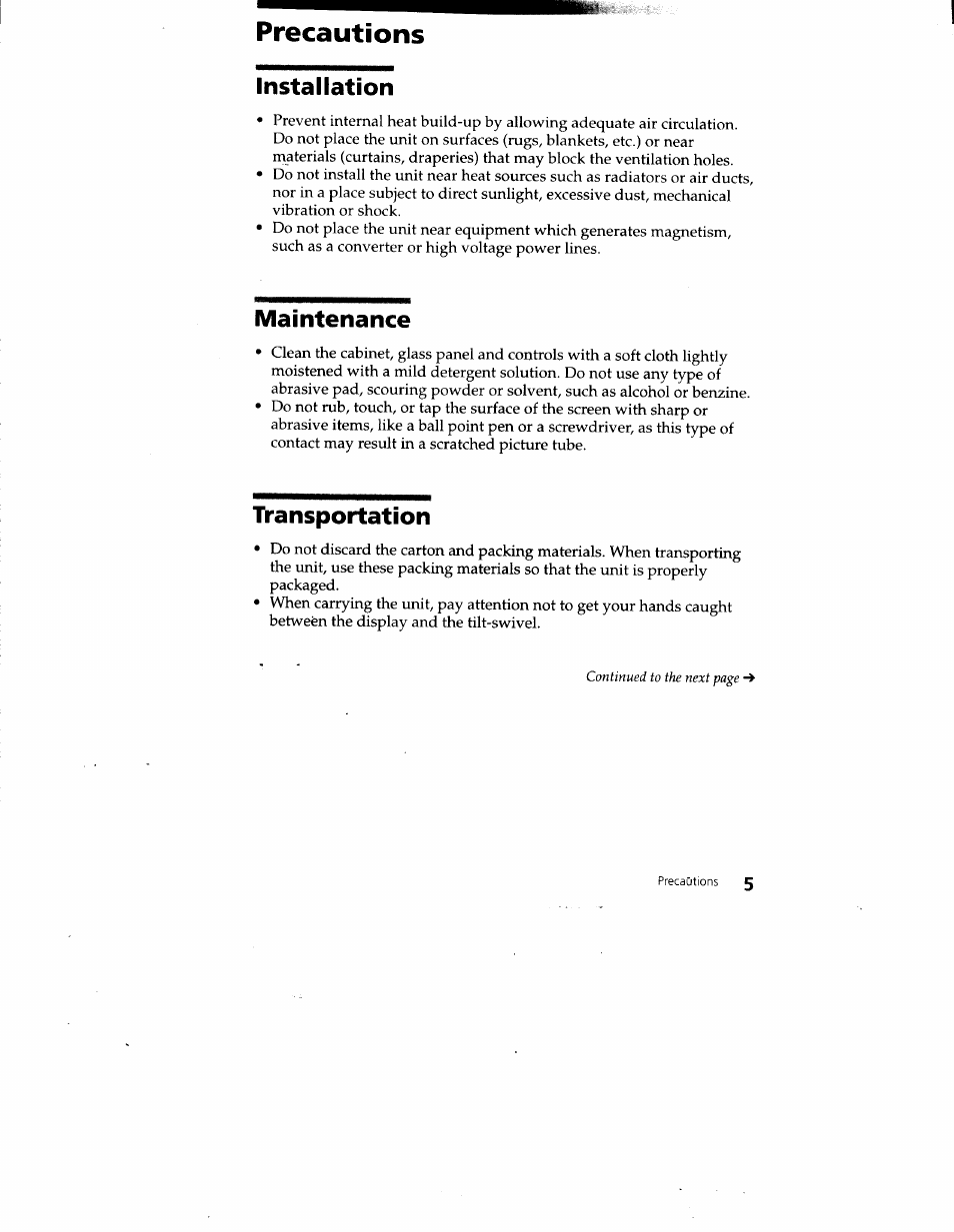 Precautions, Installation, Maintenance | Transportation | Sony CPD-220VS User Manual | Page 5 / 30