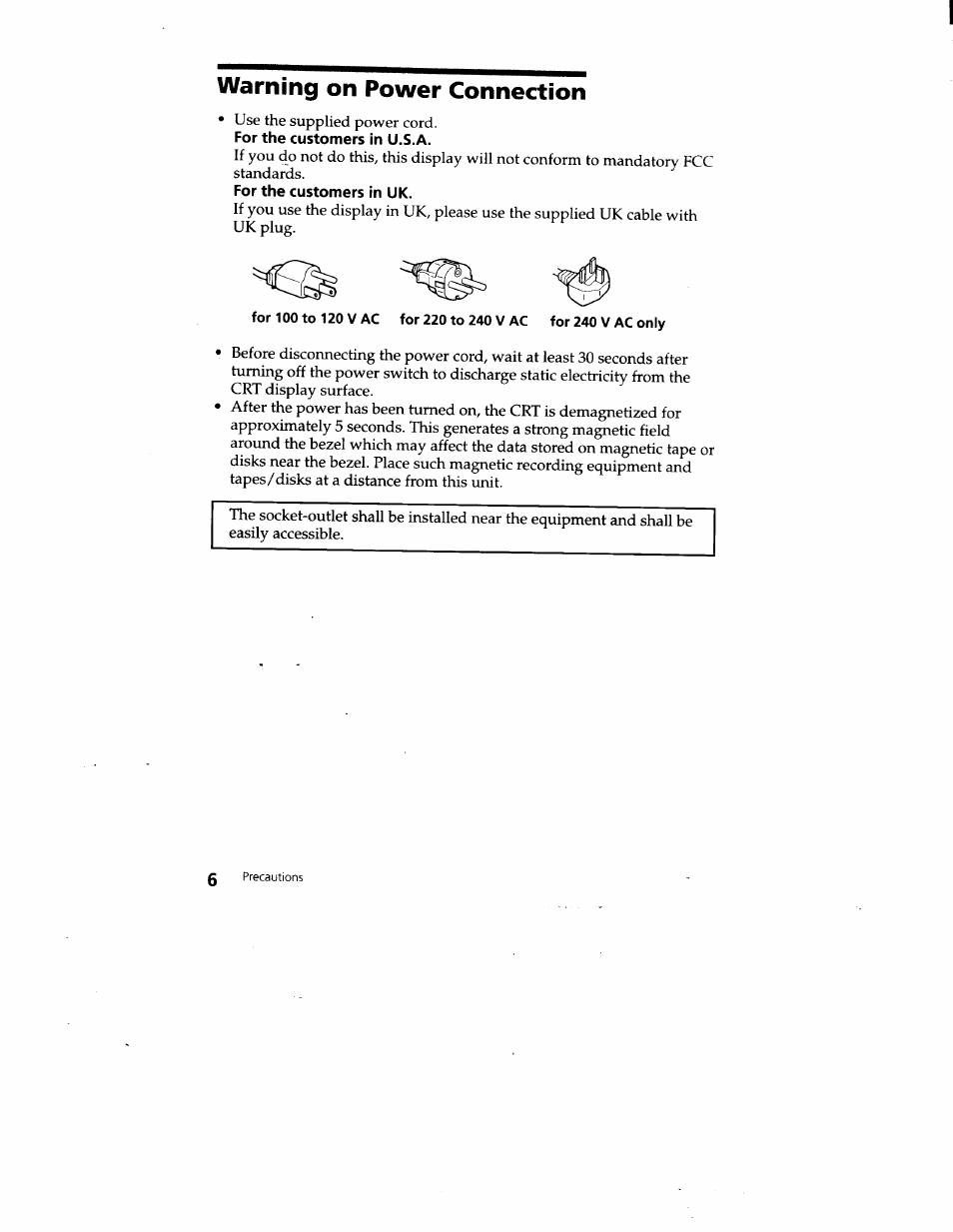 Warning on power connection, For the customers in u.s.a, For the customers in uk | Sony CPD-220VS User Manual | Page 6 / 30