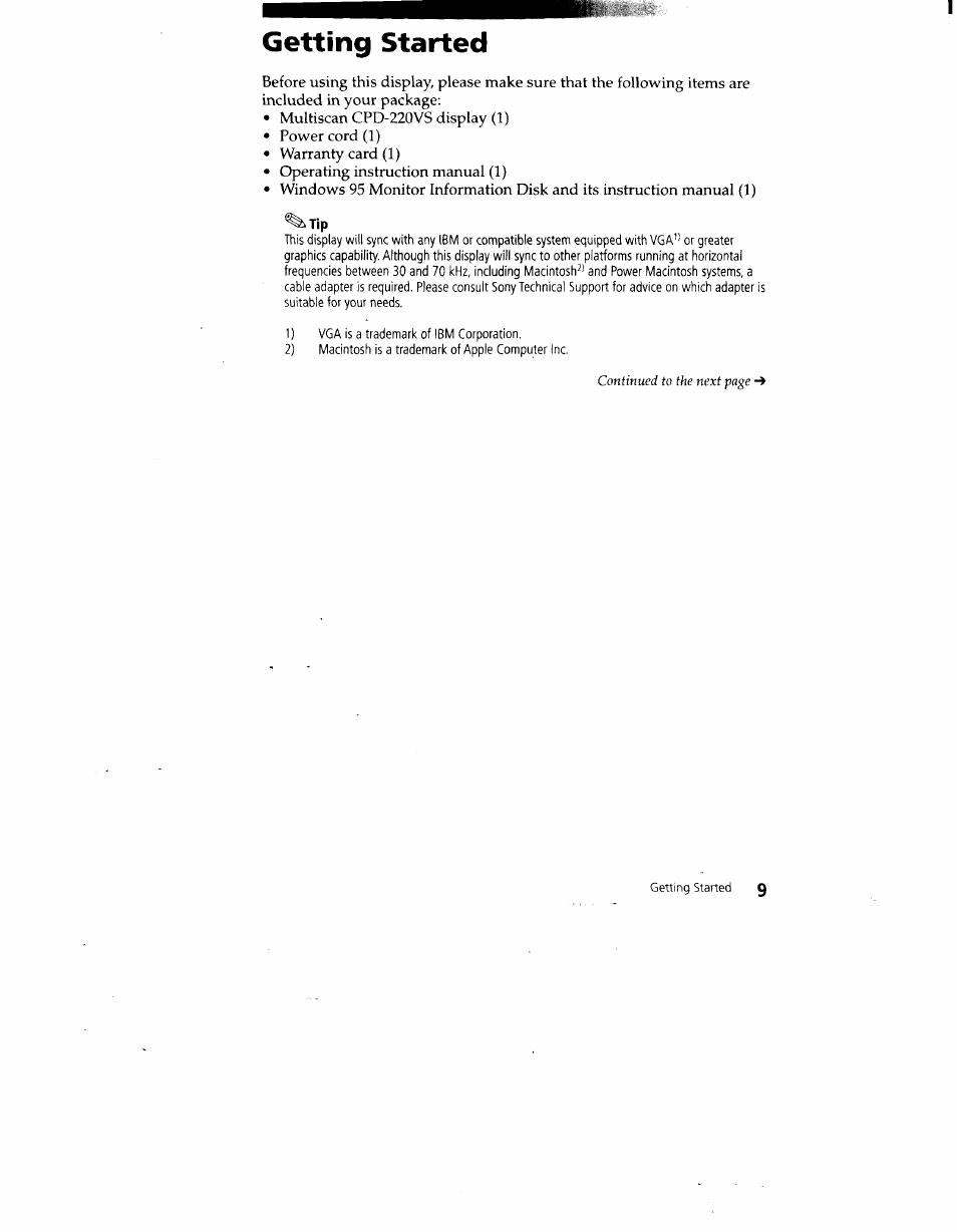 Getting started | Sony CPD-220VS User Manual | Page 9 / 30