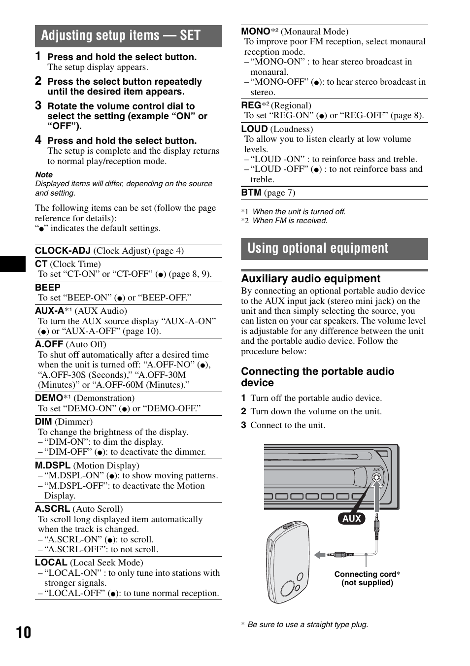 Adjusting setup items - set, Using optional equipment, Auxiliary audio equipment | Adjusting setup items — set | Sony CDX-GT111 User Manual | Page 10 / 76