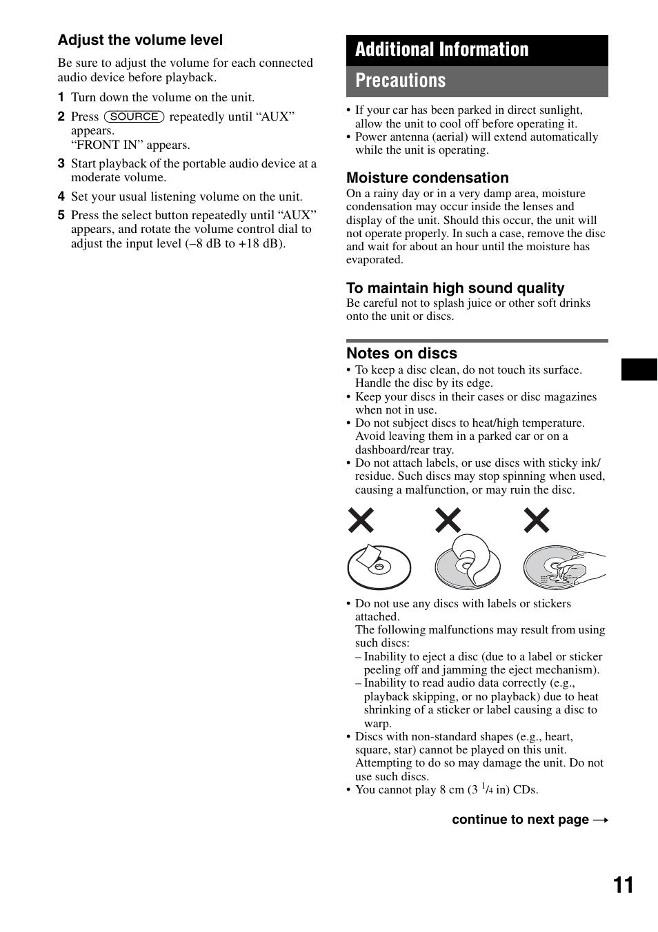 Additional information, Precautions, Notes on discs | Additional information precautions | Sony CDX-GT111 User Manual | Page 11 / 76