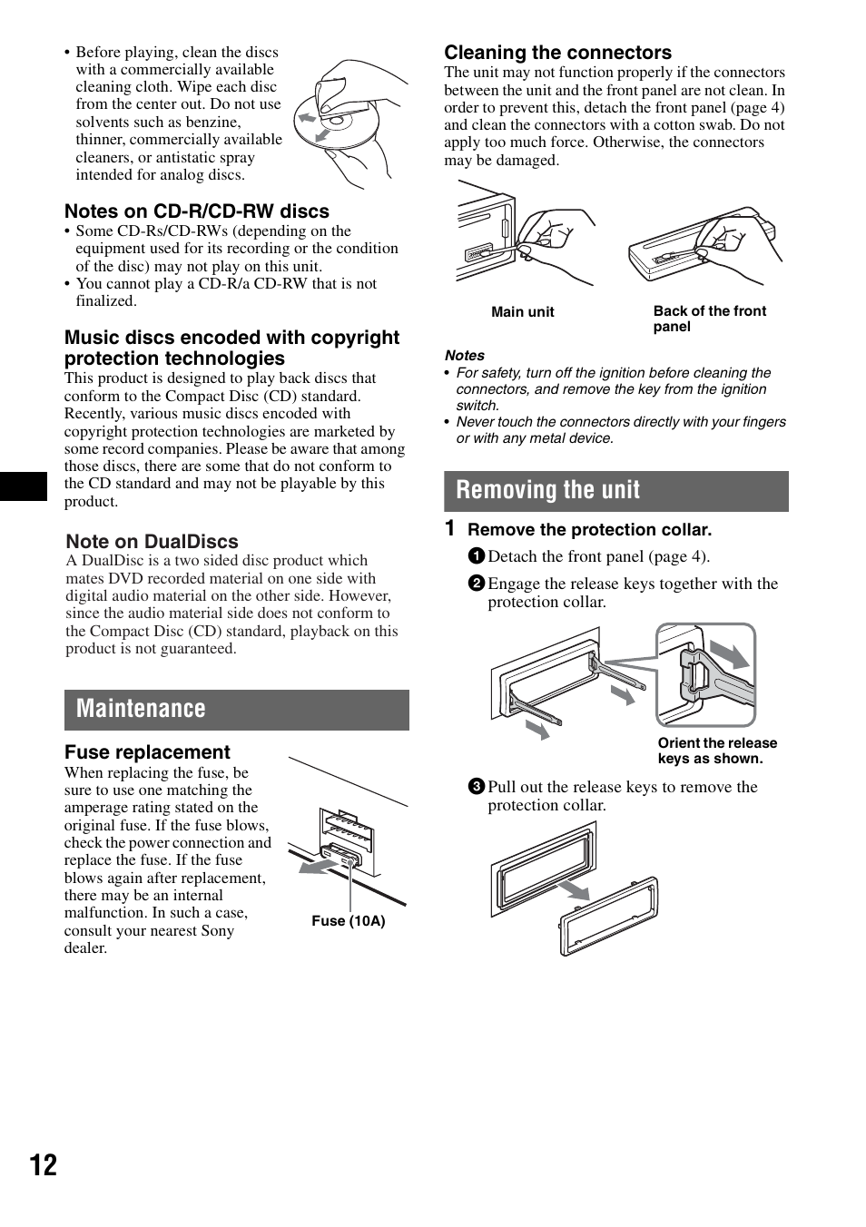 Maintenance, Removing the unit, Maintenance removing the unit | Sony CDX-GT111 User Manual | Page 12 / 76