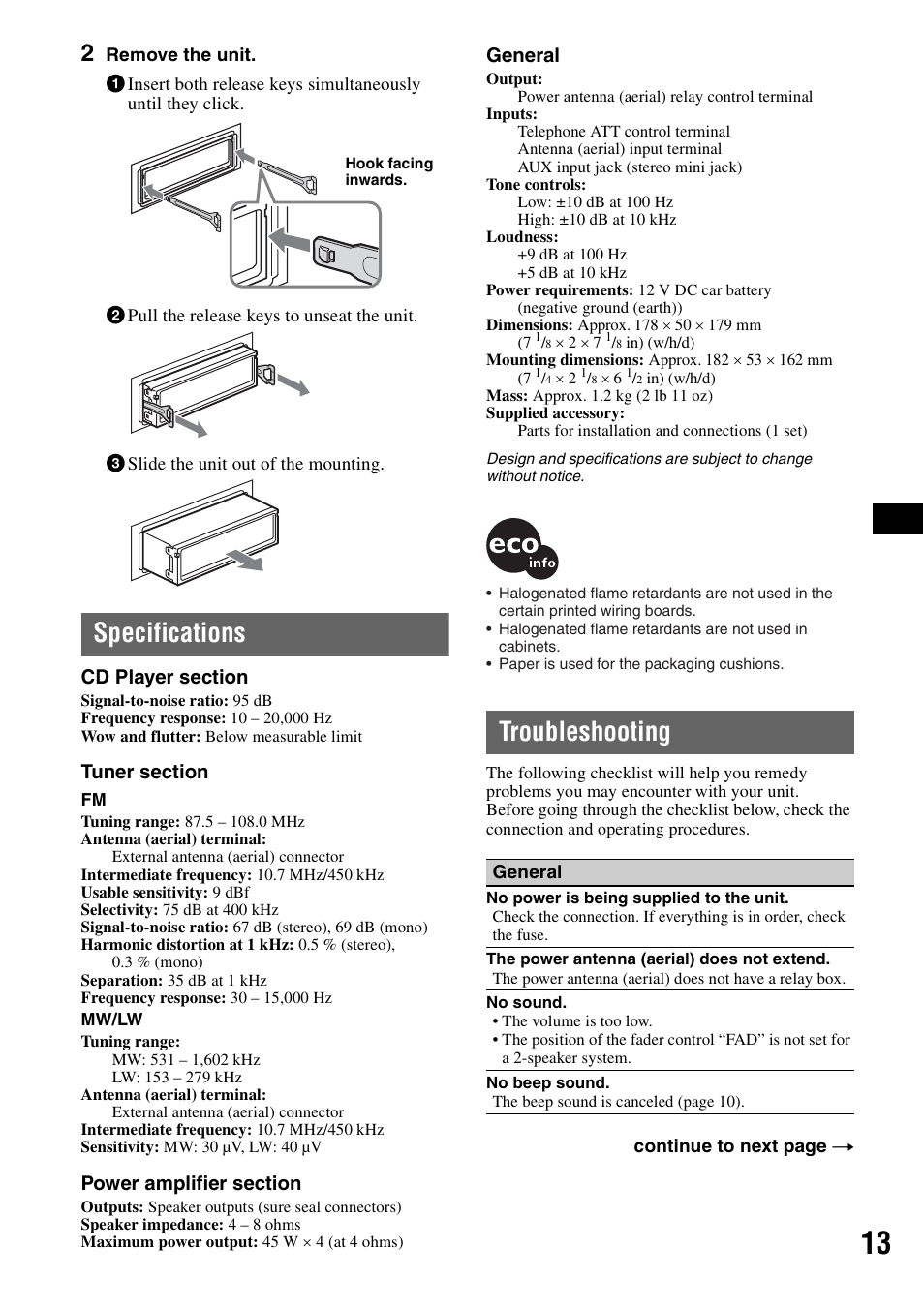 Specifications, Troubleshooting, Specifications troubleshooting | Sony CDX-GT111 User Manual | Page 13 / 76