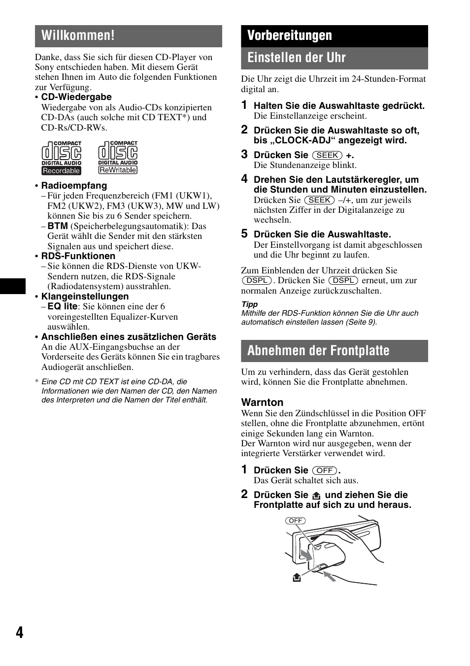 Willkommen, Vorbereitungen, Einstellen der uhr | Abnehmen der frontplatte, Einstellen der uhr abnehmen der frontplatte, Vorbereitungen einstellen der uhr | Sony CDX-GT111 User Manual | Page 18 / 76