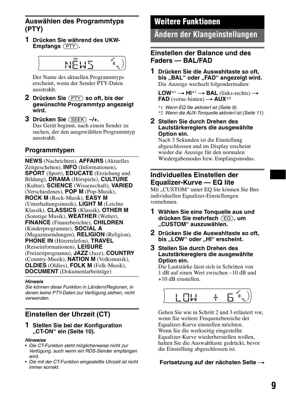 Auswählen des programmtyps (pty), Einstellen der uhrzeit (ct), Weitere funktionen | Ändern der klangeinstellungen, Einstellen der balance und des faders - bal/fad, Einstellen der balance und des faders, Weitere funktionen ändern der klangeinstellungen | Sony CDX-GT111 User Manual | Page 23 / 76