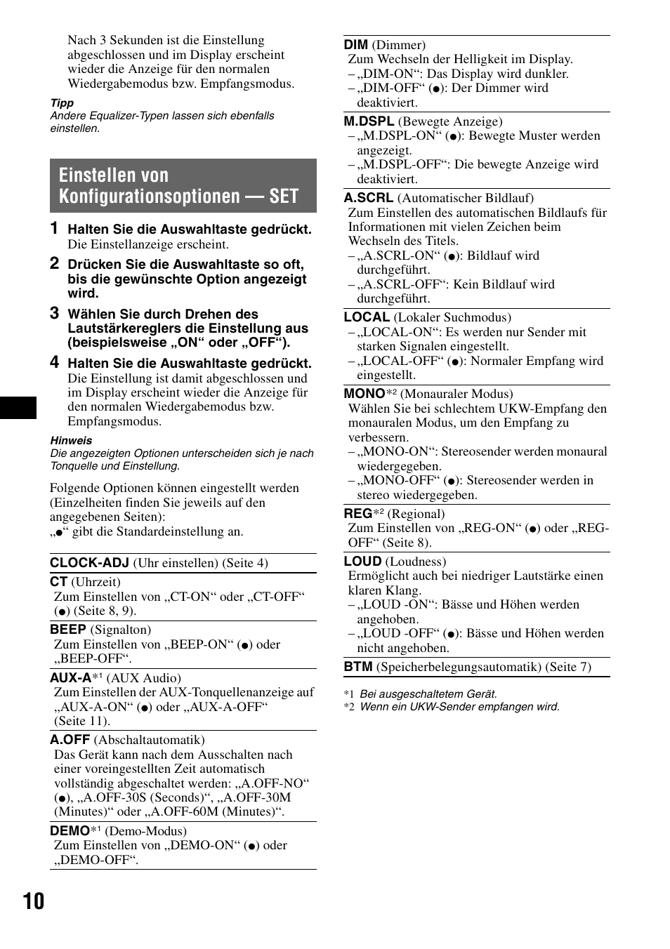 Einstellen von konfigurationsoptionen - set, F seite 10, Einstellen von konfigurationsoptionen | Einstellen von konfigurationsoptionen — set | Sony CDX-GT111 User Manual | Page 24 / 76