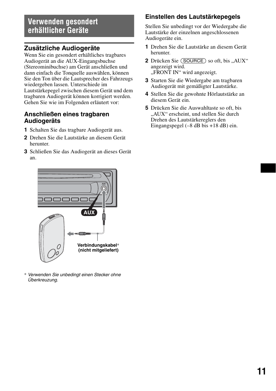 Verwenden gesondert erhältlicher geräte, Zusätzliche audiogeräte, Verwenden gesondert erhältlicher | Geräte, Seite 11 | Sony CDX-GT111 User Manual | Page 25 / 76