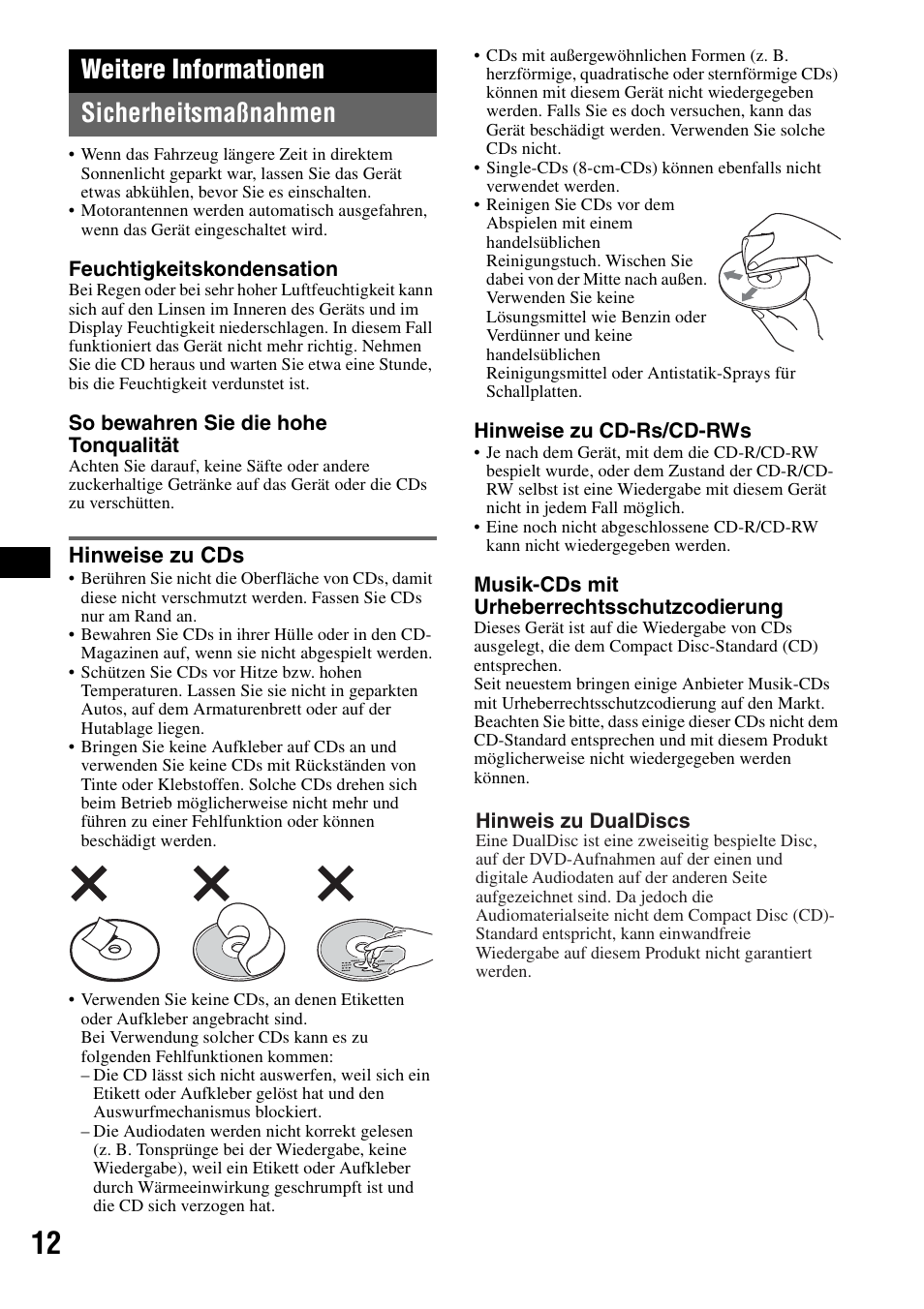Weitere informationen, Sicherheitsmaßnahmen, Hinweise zu cds | Weitere informationen sicherheitsmaßnahmen | Sony CDX-GT111 User Manual | Page 26 / 76