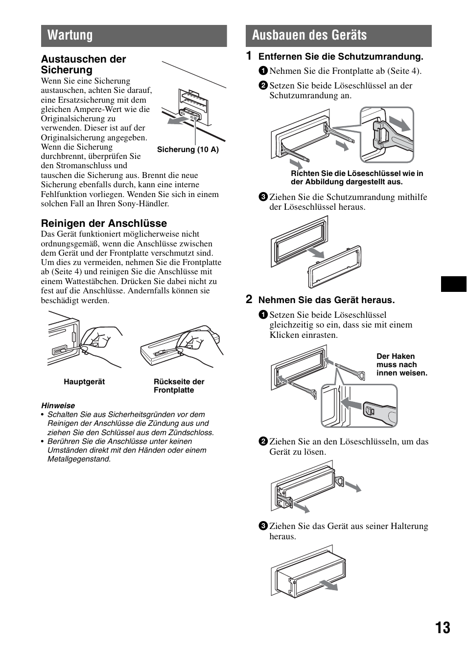 Wartung, Ausbauen des geräts, Wartung ausbauen des geräts | Sony CDX-GT111 User Manual | Page 27 / 76