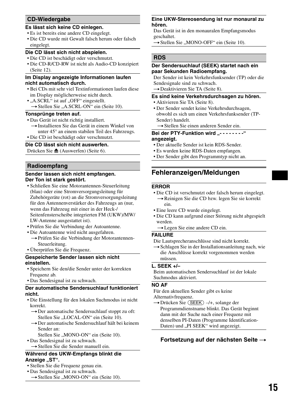 Fehleranzeigen/meldungen | Sony CDX-GT111 User Manual | Page 29 / 76
