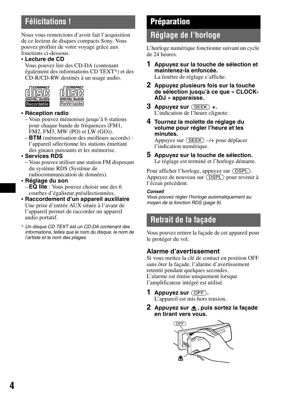 Félicitations, Préparation, Réglage de l’horloge | Retrait de la façade, Réglage de l’horloge retrait de la façade, Préparation réglage de l’horloge | Sony CDX-GT111 User Manual | Page 34 / 76