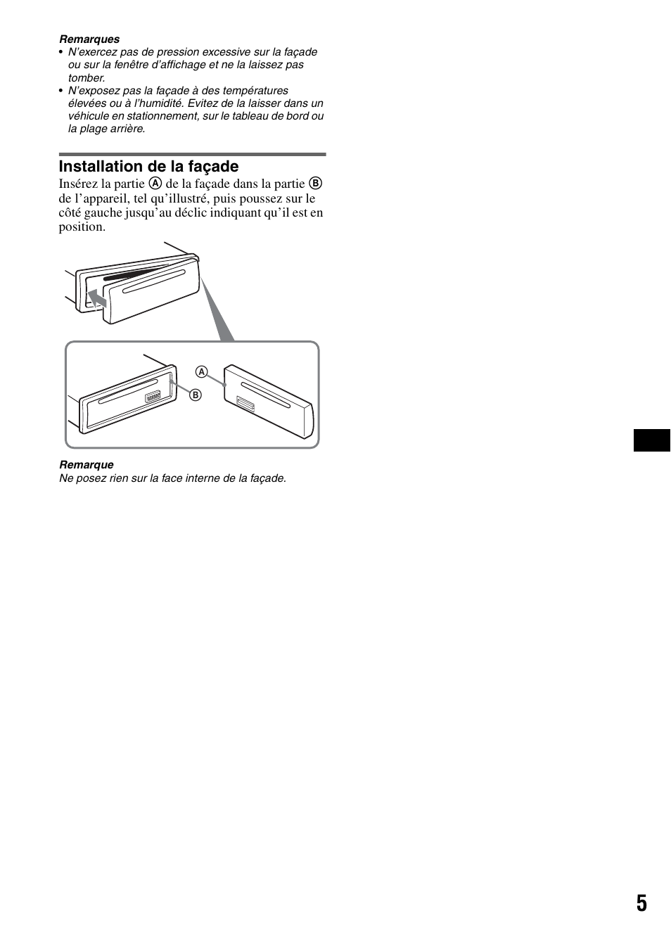 Installation de la façade | Sony CDX-GT111 User Manual | Page 35 / 76