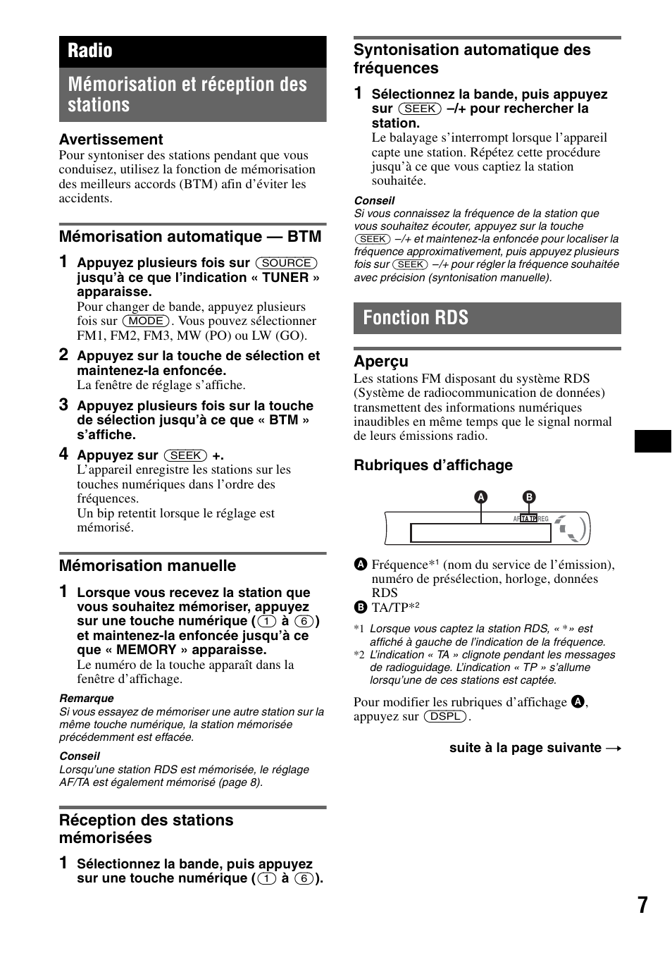 Radio, Mémorisation et réception des stations, Mémorisation automatique - btm | Mémorisation manuelle, Réception des stations mémorisées, Syntonisation automatique des fréquences, Fonction rds, Aperçu, Fréquences, Radio mémorisation et réception des stations | Sony CDX-GT111 User Manual | Page 37 / 76