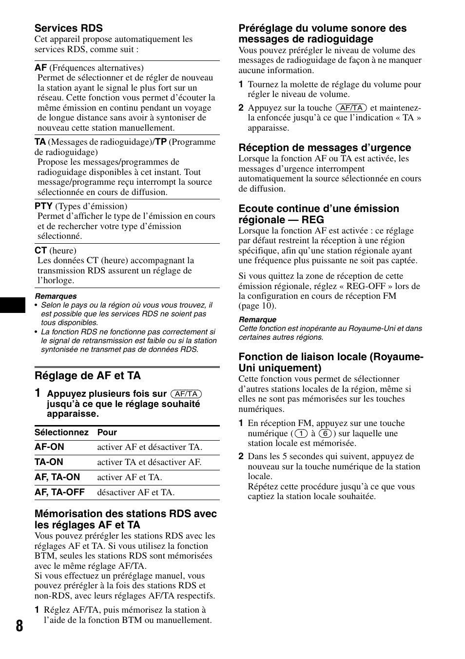 Réglage de af et ta | Sony CDX-GT111 User Manual | Page 38 / 76