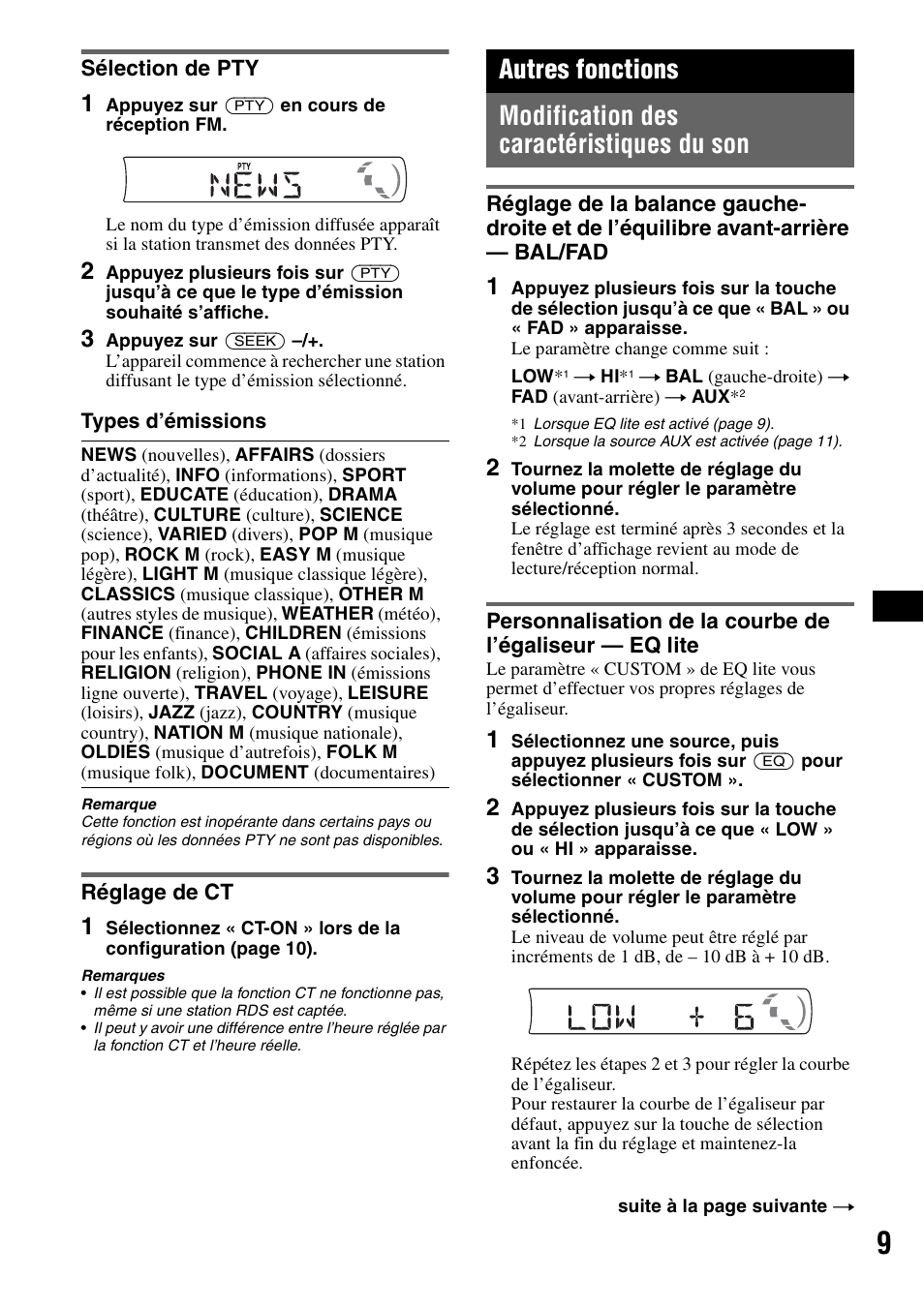 Sélection de pty, Réglage de ct, Autres fonctions | Modification des caractéristiques du son, Sélection de pty réglage de ct, Eq lite | Sony CDX-GT111 User Manual | Page 39 / 76