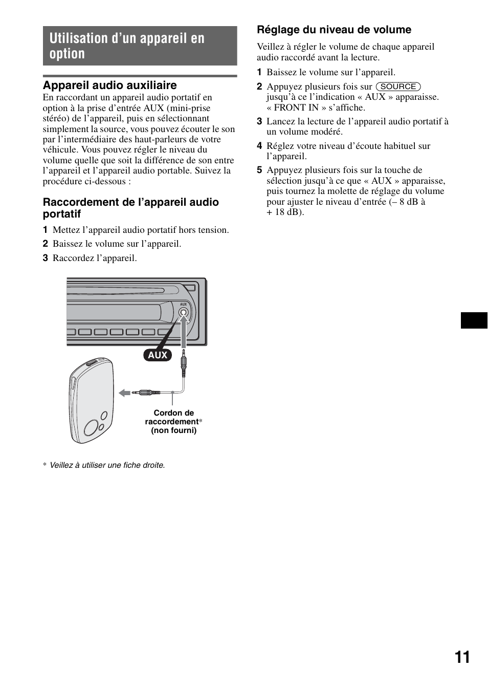 Utilisation d’un appareil en option, Appareil audio auxiliaire, X 11 | Sony CDX-GT111 User Manual | Page 41 / 76