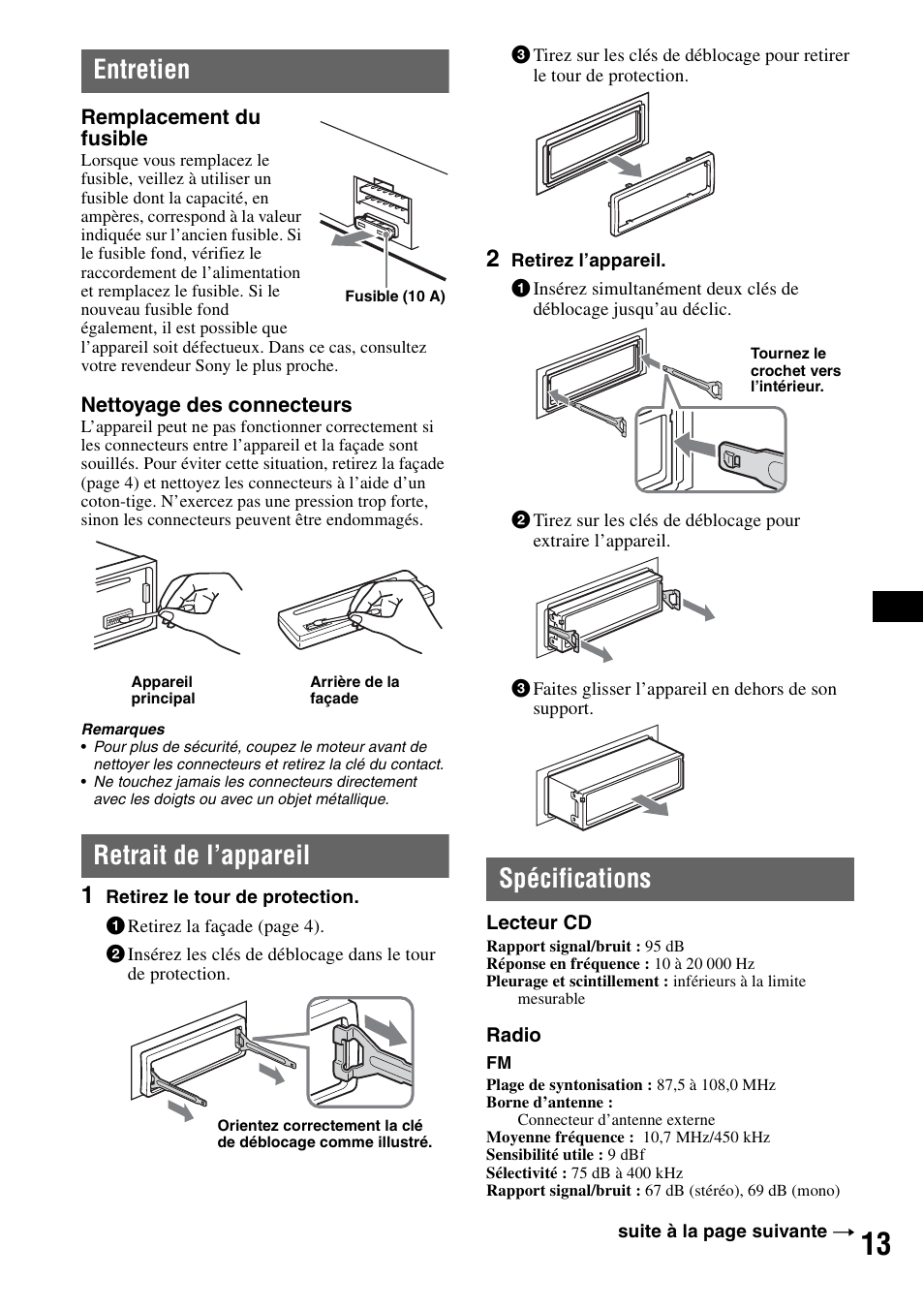 Entretien, Retrait de l’appareil, Spécifications | Entretien retrait de l’appareil spécifications | Sony CDX-GT111 User Manual | Page 43 / 76