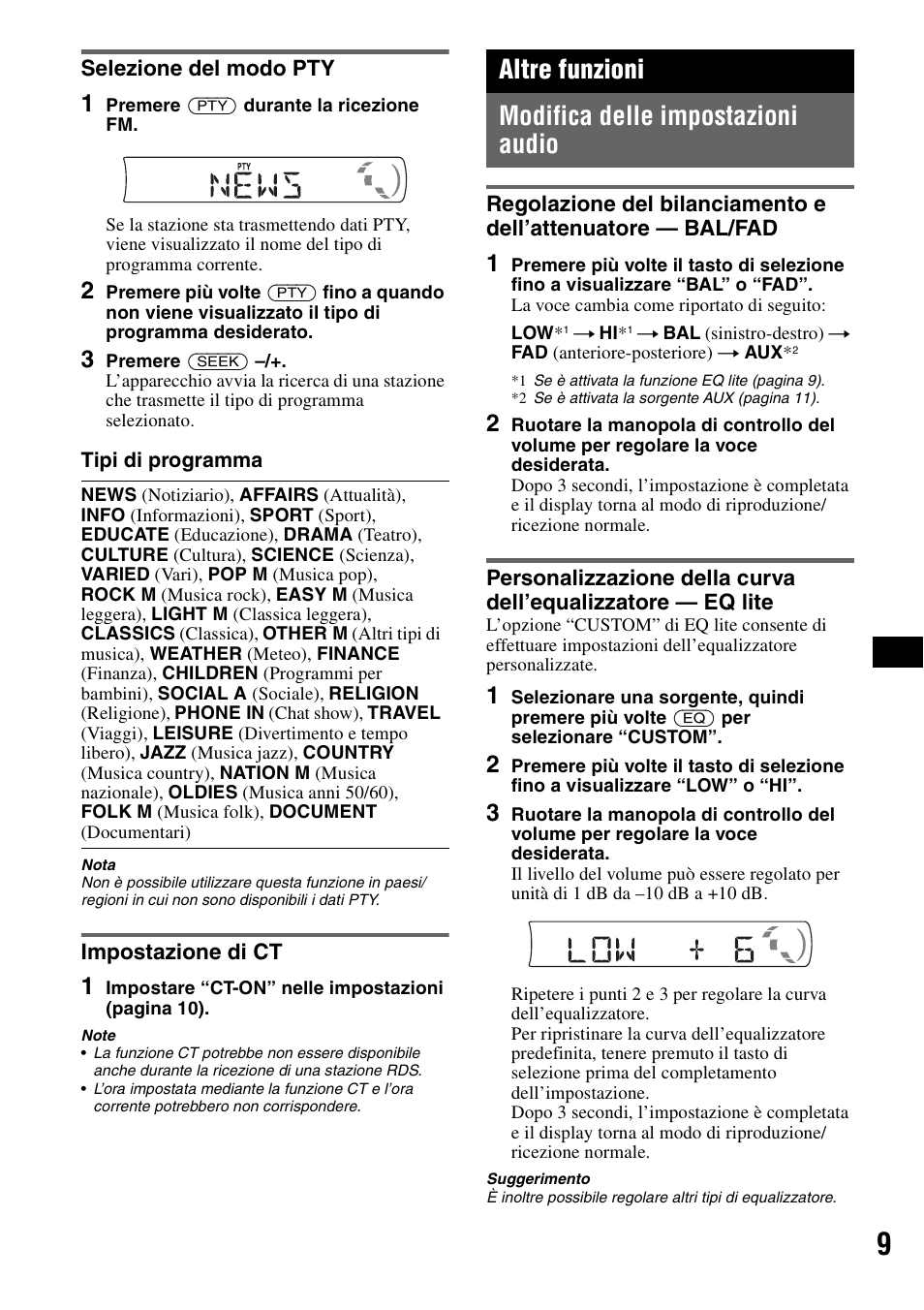 Selezione del modo pty, Impostazione di ct, Altre funzioni | Modifica delle impostazioni audio, Selezione del modo pty impostazione di ct, Altre funzioni modifica delle impostazioni audio | Sony CDX-GT111 User Manual | Page 55 / 76
