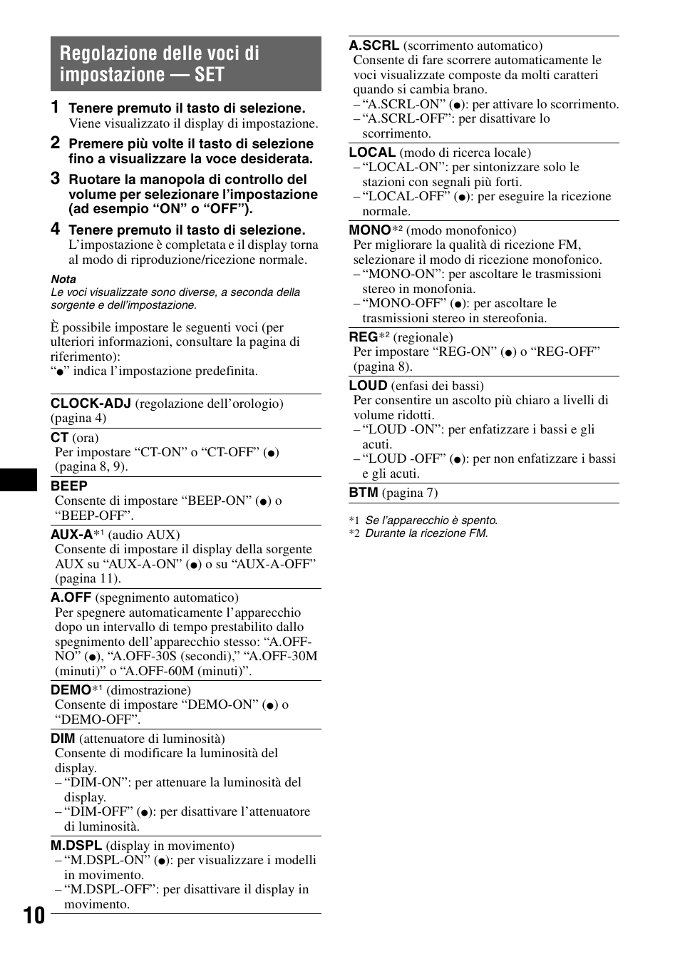 Regolazione delle voci di impostazione - set, Regolazione delle voci di impostazione, Regolazione delle voci di impostazione — set | Sony CDX-GT111 User Manual | Page 56 / 76