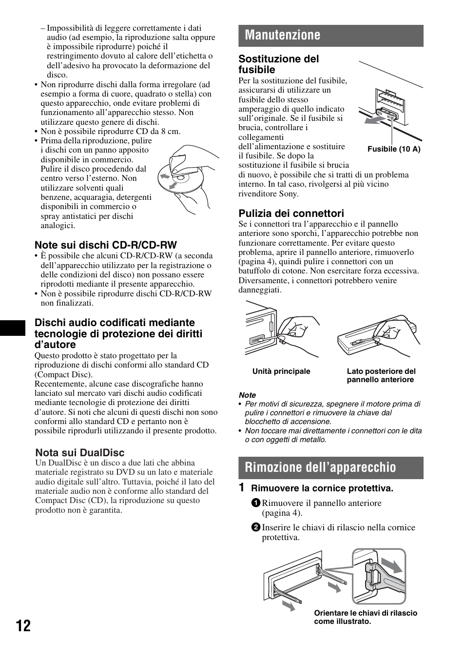 Manutenzione, Rimozione dell’apparecchio, Manutenzione rimozione dell’apparecchio | Sony CDX-GT111 User Manual | Page 58 / 76