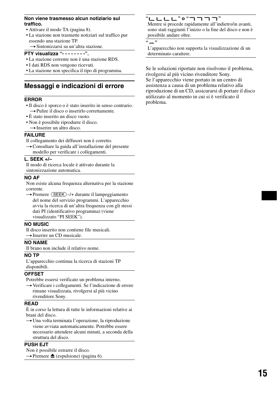 Messaggi e indicazioni di errore | Sony CDX-GT111 User Manual | Page 61 / 76