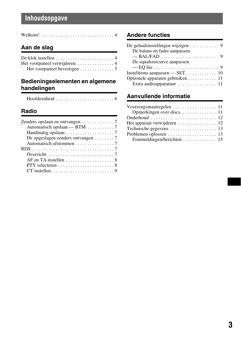 Inhoudsopgave | Sony CDX-GT111 User Manual | Page 63 / 76
