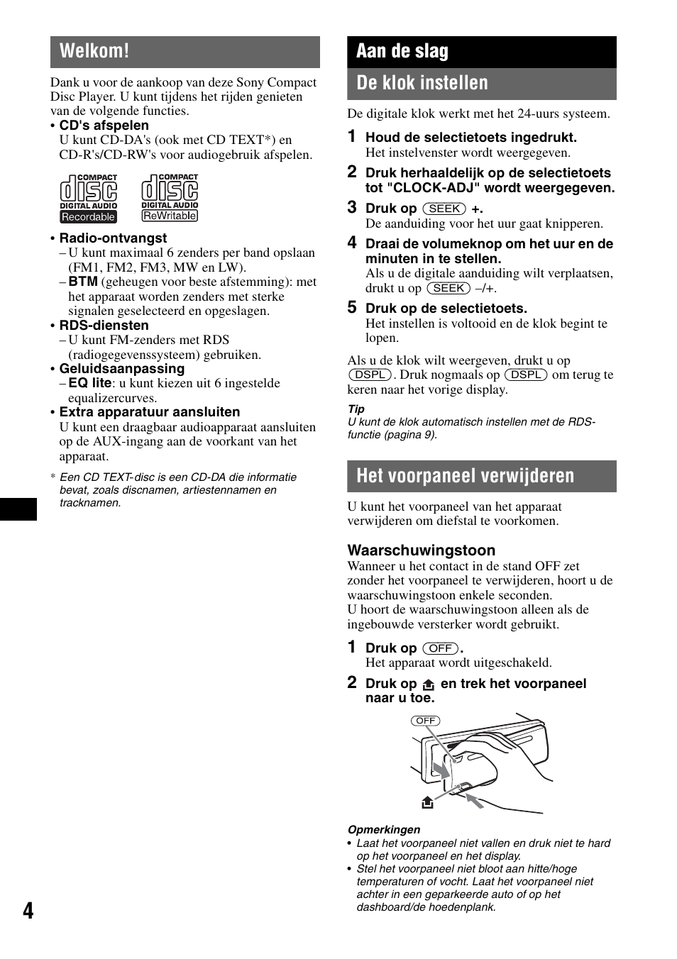 Welkom, Aan de slag, De klok instellen | Het voorpaneel verwijderen, De klok instellen het voorpaneel verwijderen, Aan de slag de klok instellen | Sony CDX-GT111 User Manual | Page 64 / 76